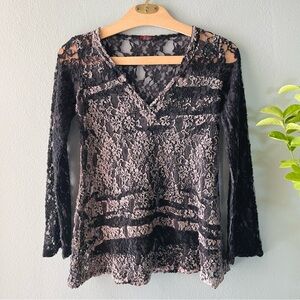 T Party | Black & Gray Sheer Lace Flared Blouse